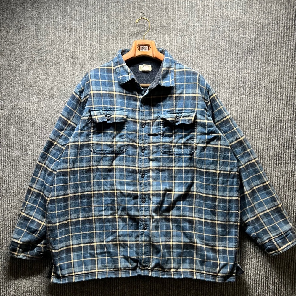 LL Bean Flannel Shirt Jacket Mens XXL Blue Plaid Fleece Lined Shacket 250393